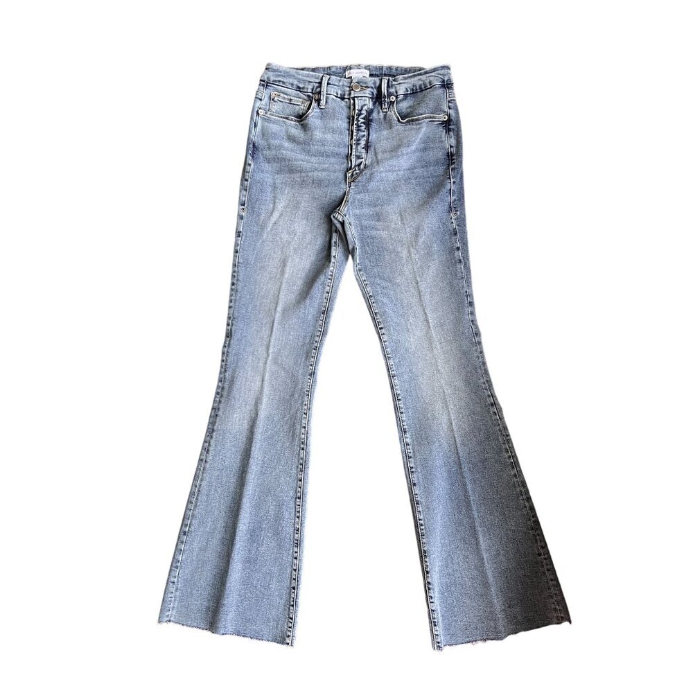 Good American Flared Jeans Size 10 Raw/Distressed Hem Button-Fly Light Wash